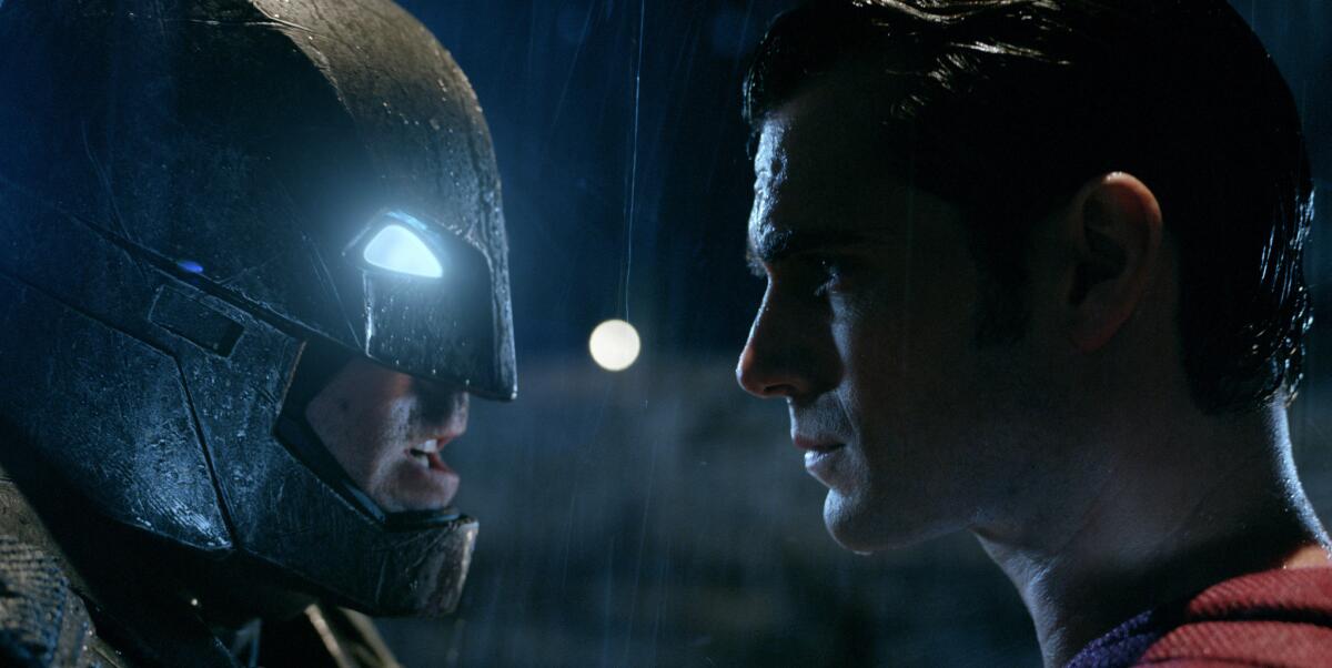 Ben Affleck as Batman, left, and Henry Cavill as Superman in "Batman v Superman: Dawn of Justice."