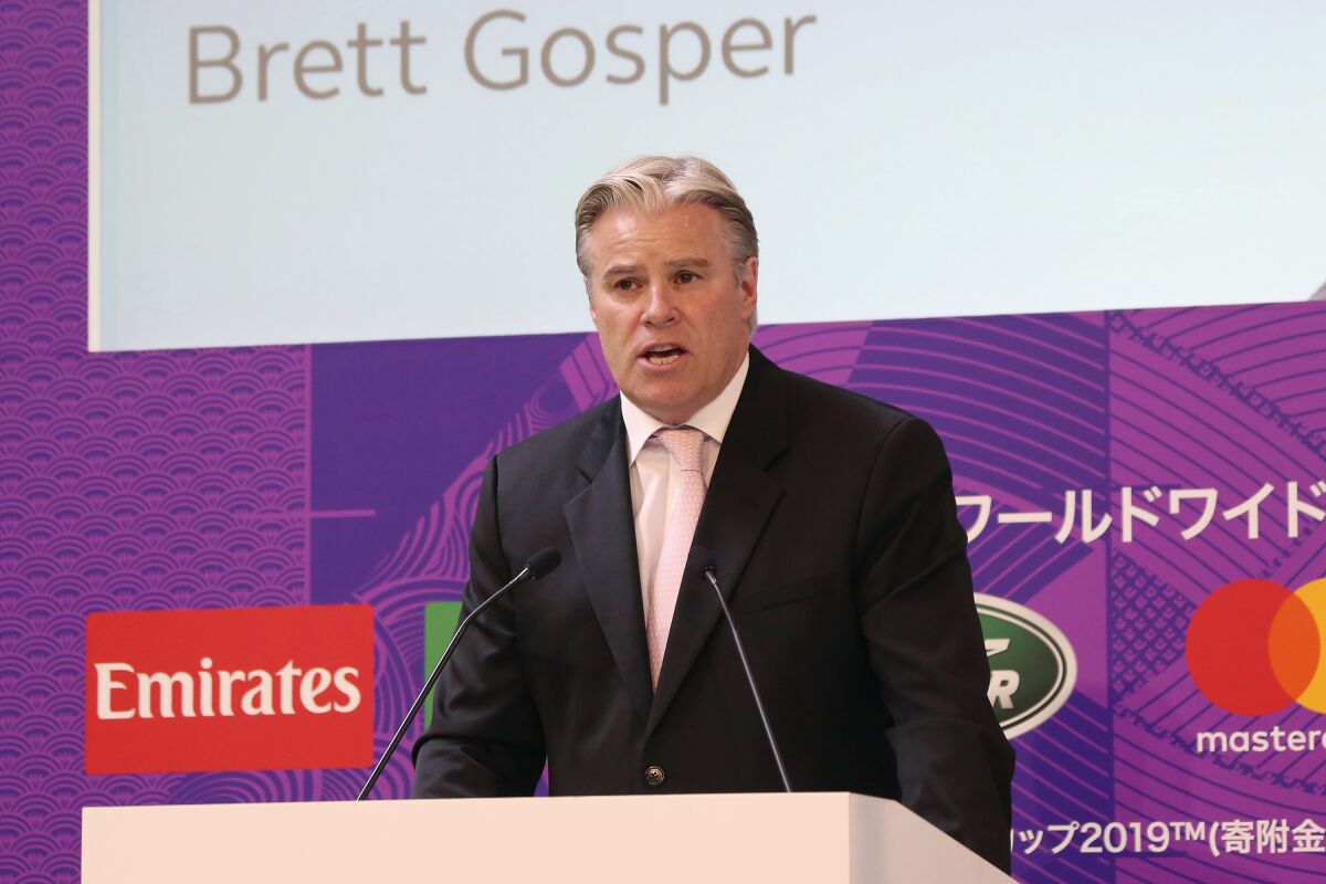 FILE - In this Wednesday, June 12, 2019, file photo, Brett Gosper, CEO of World Rugby, delivers a speech in Tokyo. As the NFL returns to London, the league is also finalizing its short list of German cities to host a game as early as next season. Brett Gosper, NFL Head of UK and Europe, said the opening of an office in Germany is “reasonably imminent,” as is the hiring of a general manager there as the league looks to expand across Europe, with France also in its sights. (AP Photo/Koji Sasahara, File)