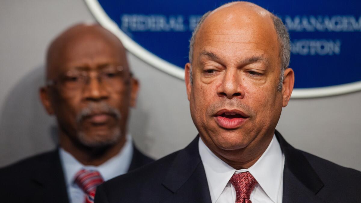 Homeland Security Secretary Secretary Jeh Johnson speaks about funding during a press conference Thursday at the FEMA Building in Washington.