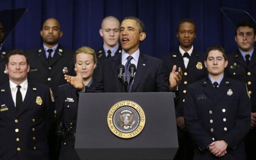 President Obama talks about sequestration in Washington, accompanied emergency responders, a group of workers the White House says could be affected as a result of the budget cuts.