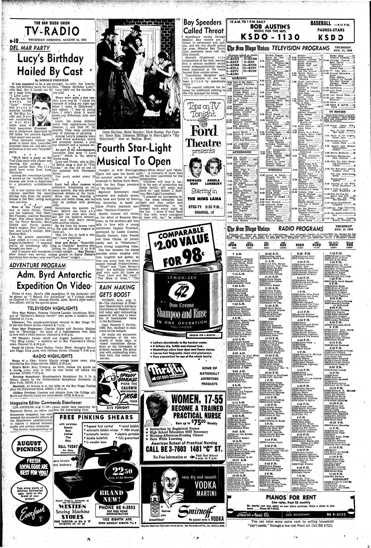 "Lucy's Birthday Hailed By Cast," published in The San Diego Union, Aug. 12, 1954.