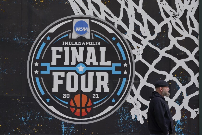 The NCAA Final Four logo for the NCAA college basketball tournament is painted on a window in downtown Indianapolis.