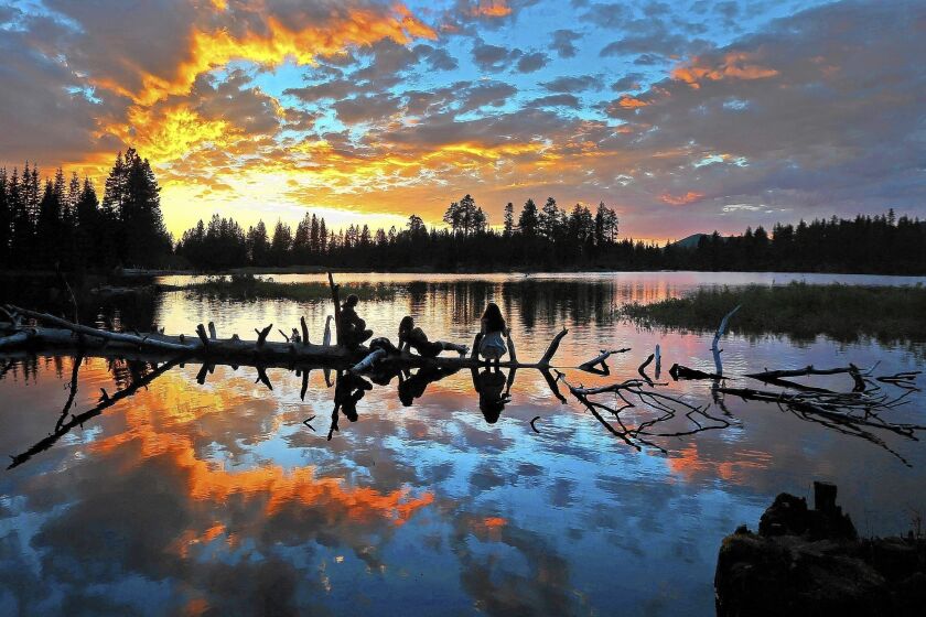 Sunsets, reflected in Manzanita Lake in Lassen Volcanic National Park, are stunning. The little-visited park is in the northeast corner of California.