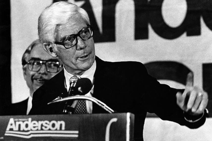 John B. Anderson holds a news conference at the Bismark Hotel in Chicago before walking down to the Daley Center and holding a rally on Sept. 23, 1980.