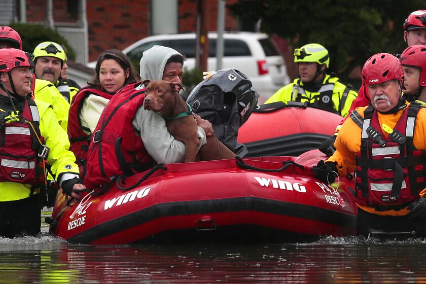 Matthew Robinson holds onto his dog Bebe as and Kimberly Tat are rescued from their home by first responders from Central County Fire and Rescue along Main Street in Old Towne St. Peters after flooding from Dardenne Creek inundated the neighborhood during heavy rains on Tuesday, July 26, 2022. (Robert Cohen/St. Louis Post-Dispatch via AP)