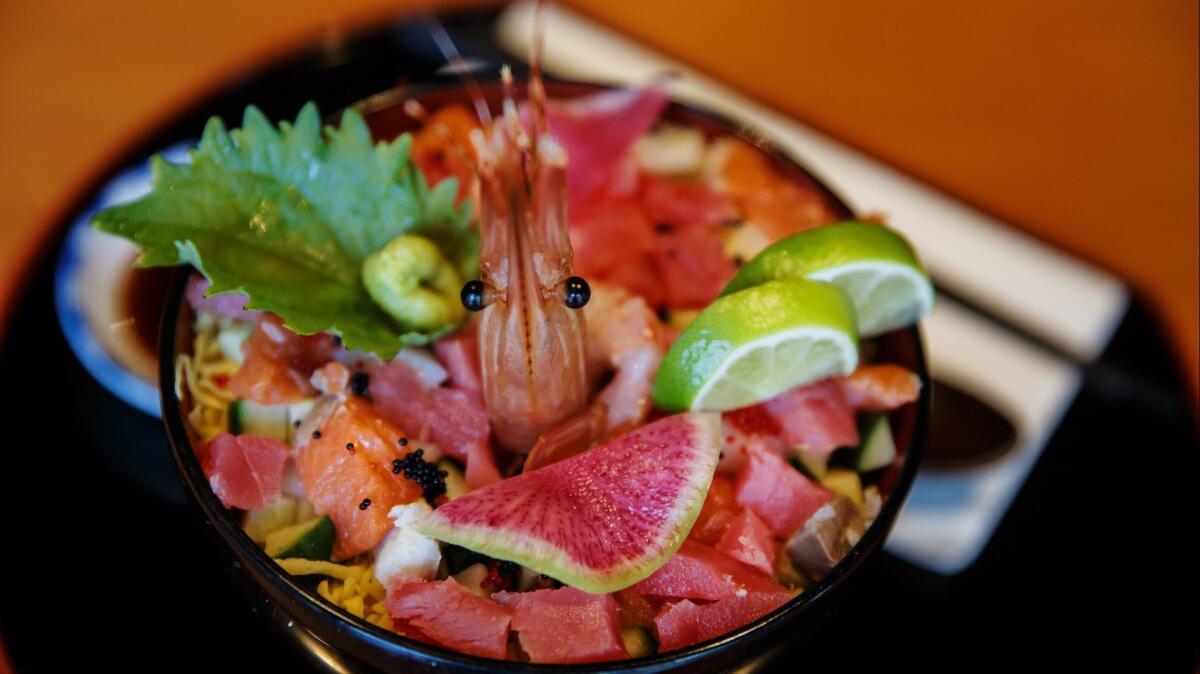 Kaisen-chirashi don served at Junkichi Robata Izakaya, a Japanese restaurant in the Capitol Hill neighborhood of Seattle.