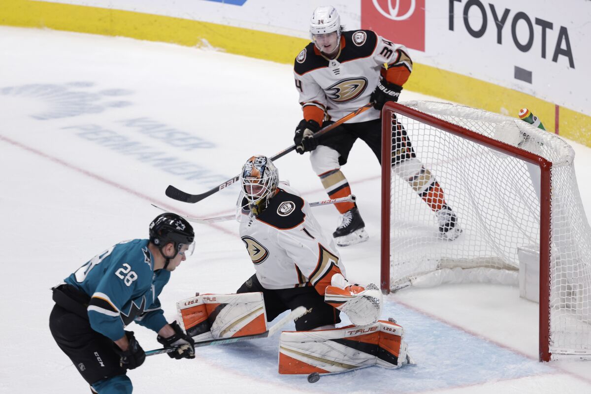 The Sharks' Timo Meier (28) scores against Ducks goalie Lukas Dostal for his third goal of the night.