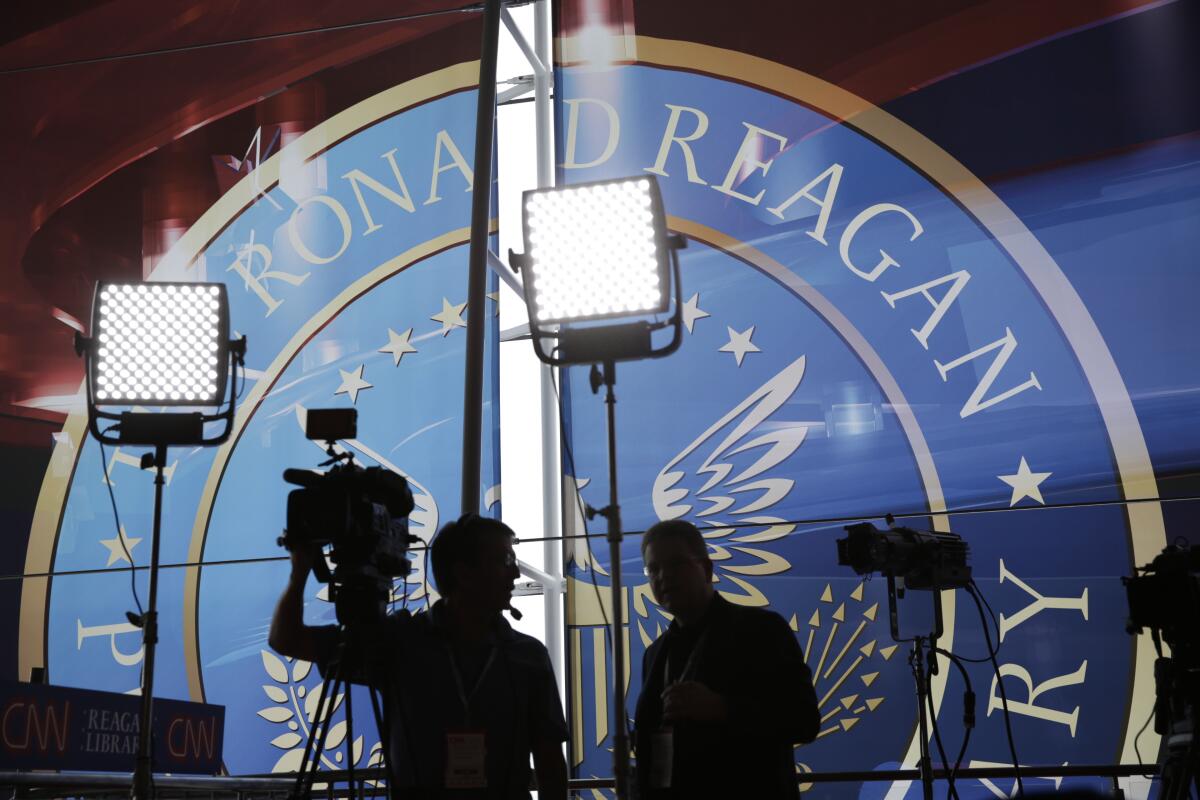 TV cameras set up at the debate hall at the Ronald Reagan Presidential Library & Museum.