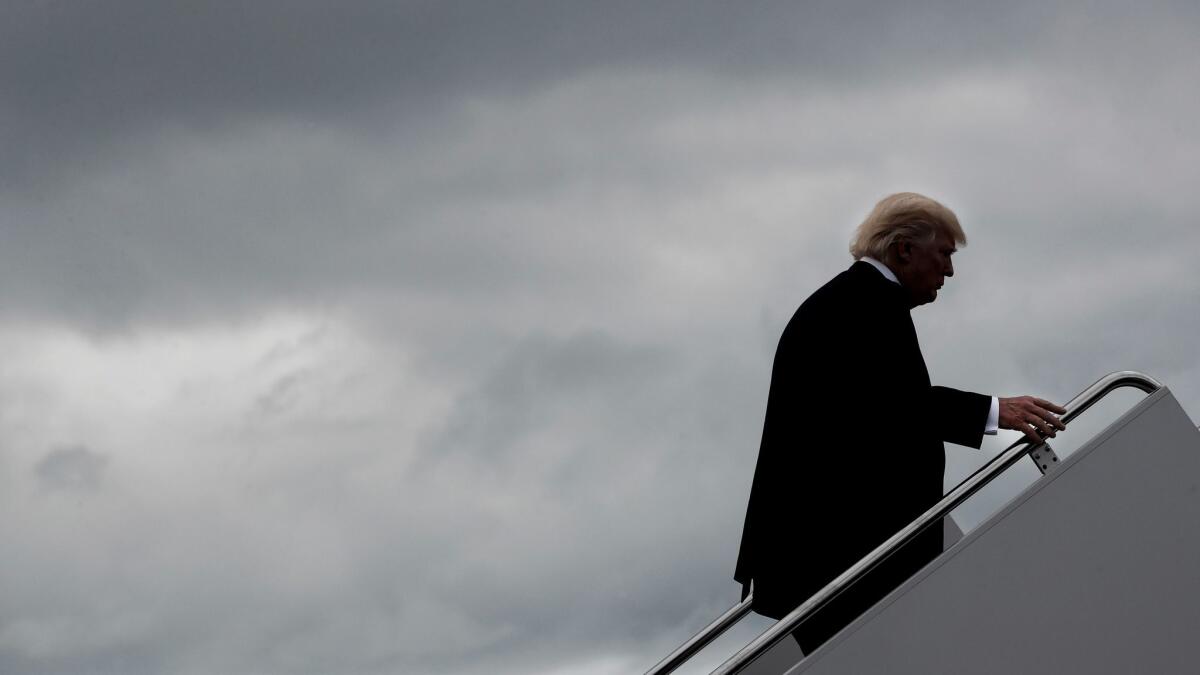 President Trump boards Air Force One at Hagerstown Regional Airport in Hagerstown, Md., after a meeting with his national security advisors at Camp David, Md.