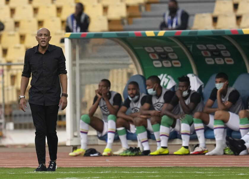 Comoros' head coach Amir Abdou during the African Cup of Nations 2022 group C soccer match between Morocco and Comoros at the Ahmadou Ahidjo stadium in Yaounde, Cameroon, Friday, Jan. 14, 2022. (AP Photo/Themba Hadebe)