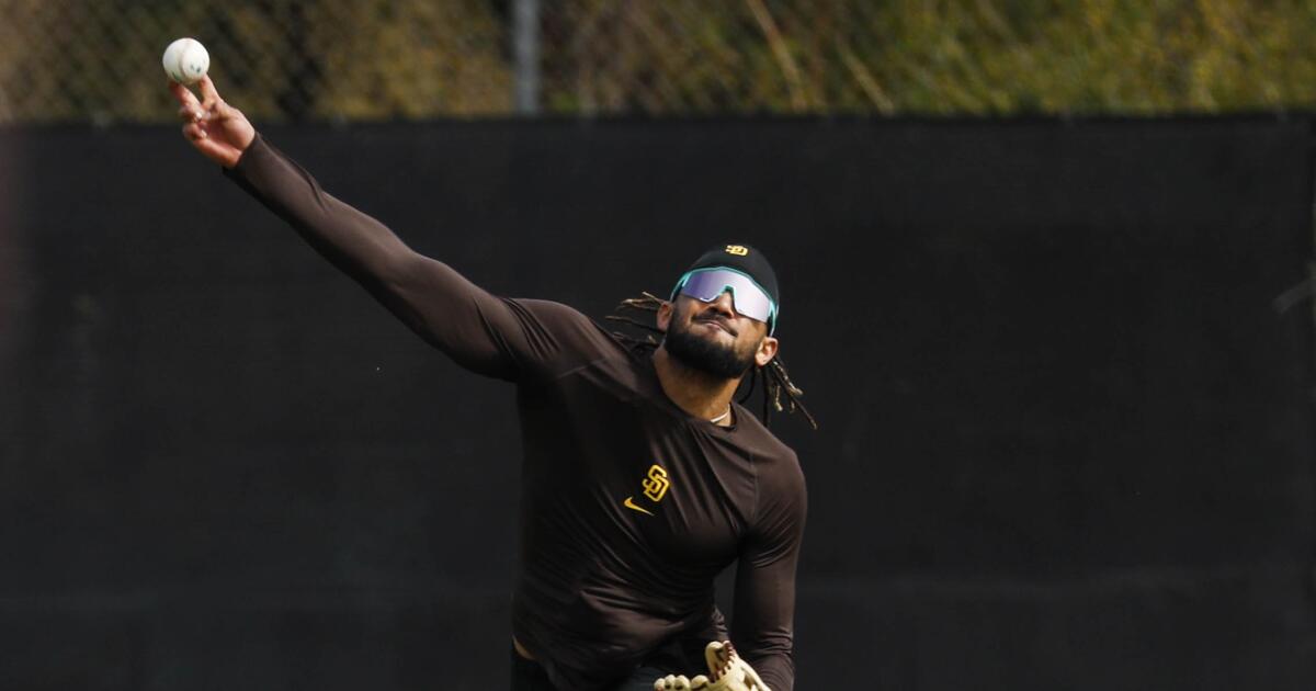The San Diego Padres' Fernando Tatis Jr. uncorks a throw during a spring  training workout on Feb. 17, 2023., National Sports
