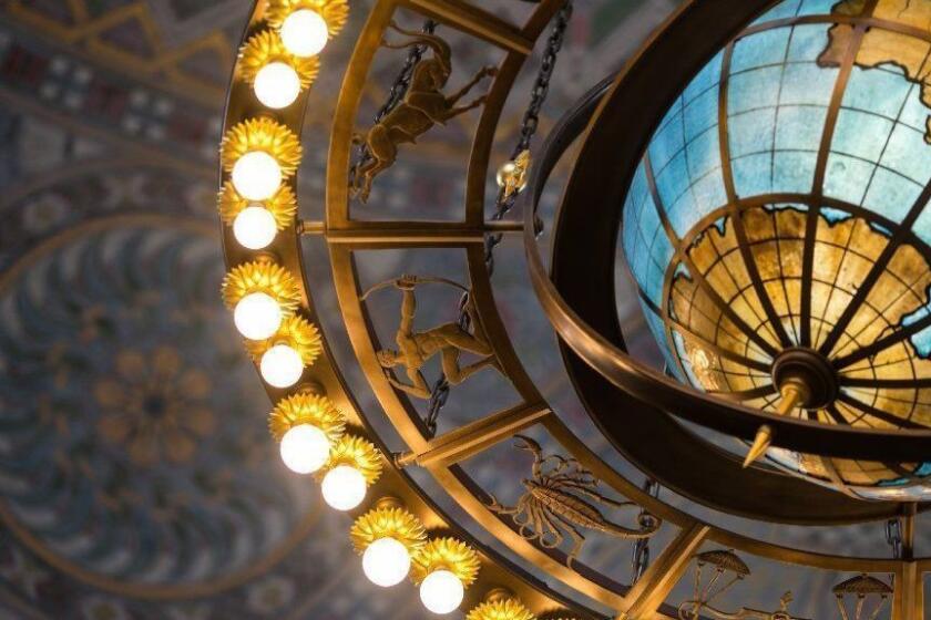 LOS ANGELES, CALIF. - APRIL 23: The Central Library's Rotunda ceiling centers on the magnificent bronze Zodiac Chandelier created by Lee Lawrie, who designed most of the Goodhue Building’s important metalwork, photographed on Tuesday, April 23, 2019 in Los Angeles, Calif. (Kent Nishimura / Los Angeles Times)