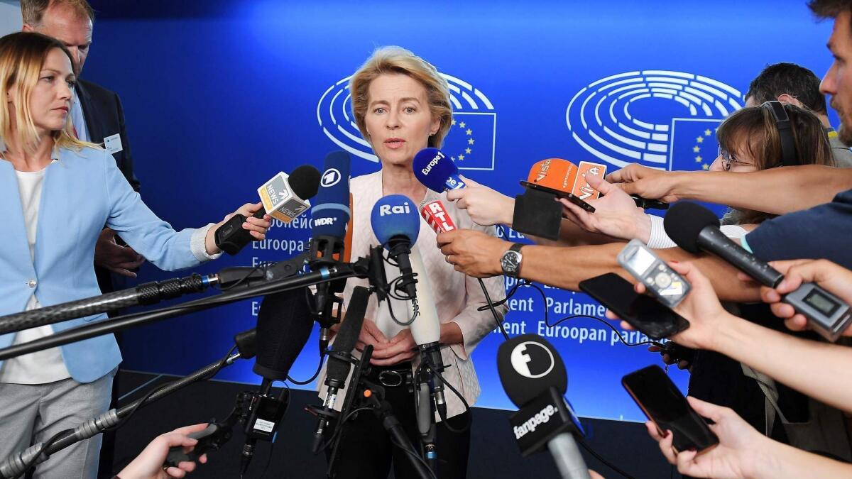 Ursula von der Leyen, the German defense minister, speaks to journalists after being elected president of the European Commission on July 3, 2019, in Strasbourg, France.