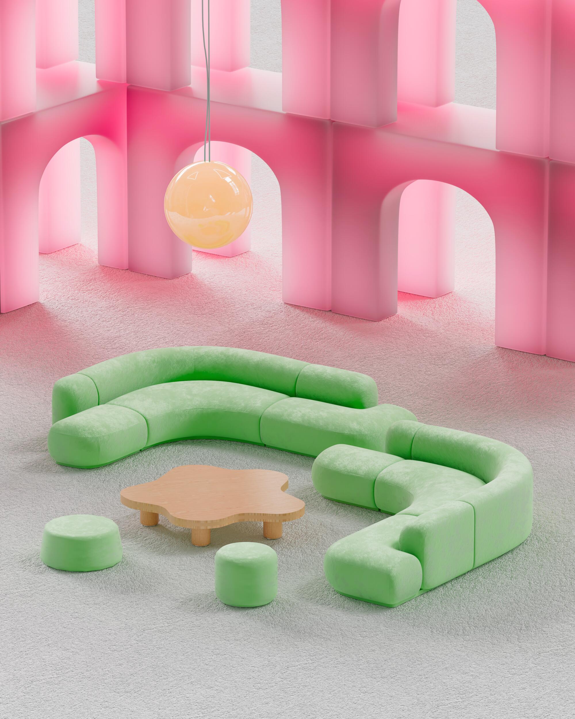 A lime green rounded sectional couch set in an abstracted living room space surrounded by stacked pink archways