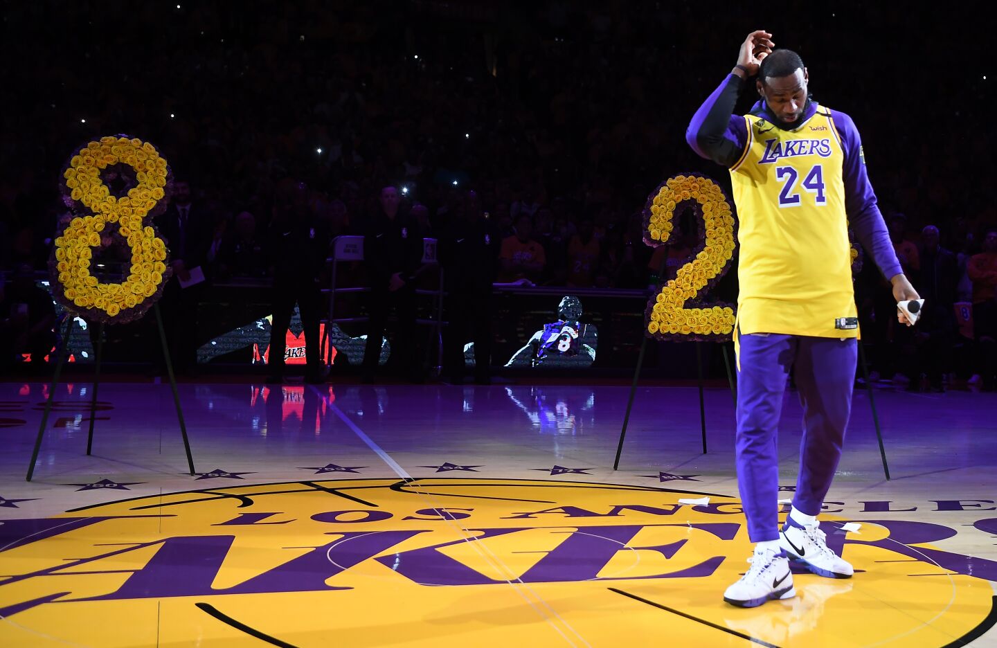 LeBron James speaks to the crowd at Staples Center during a ceremony honoring the life of Kobe Bryant at Staples Center on Jan. 31, 2020.