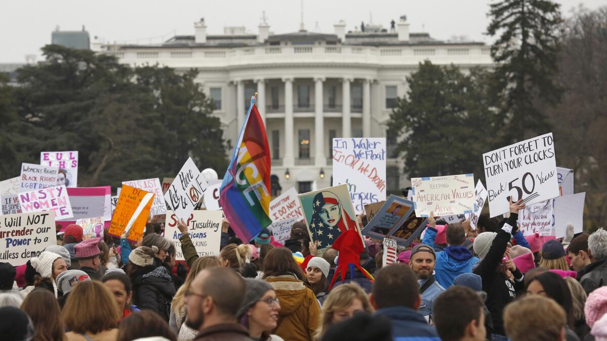 People gathered Saturday near the White House in Washington to march for women's rights.