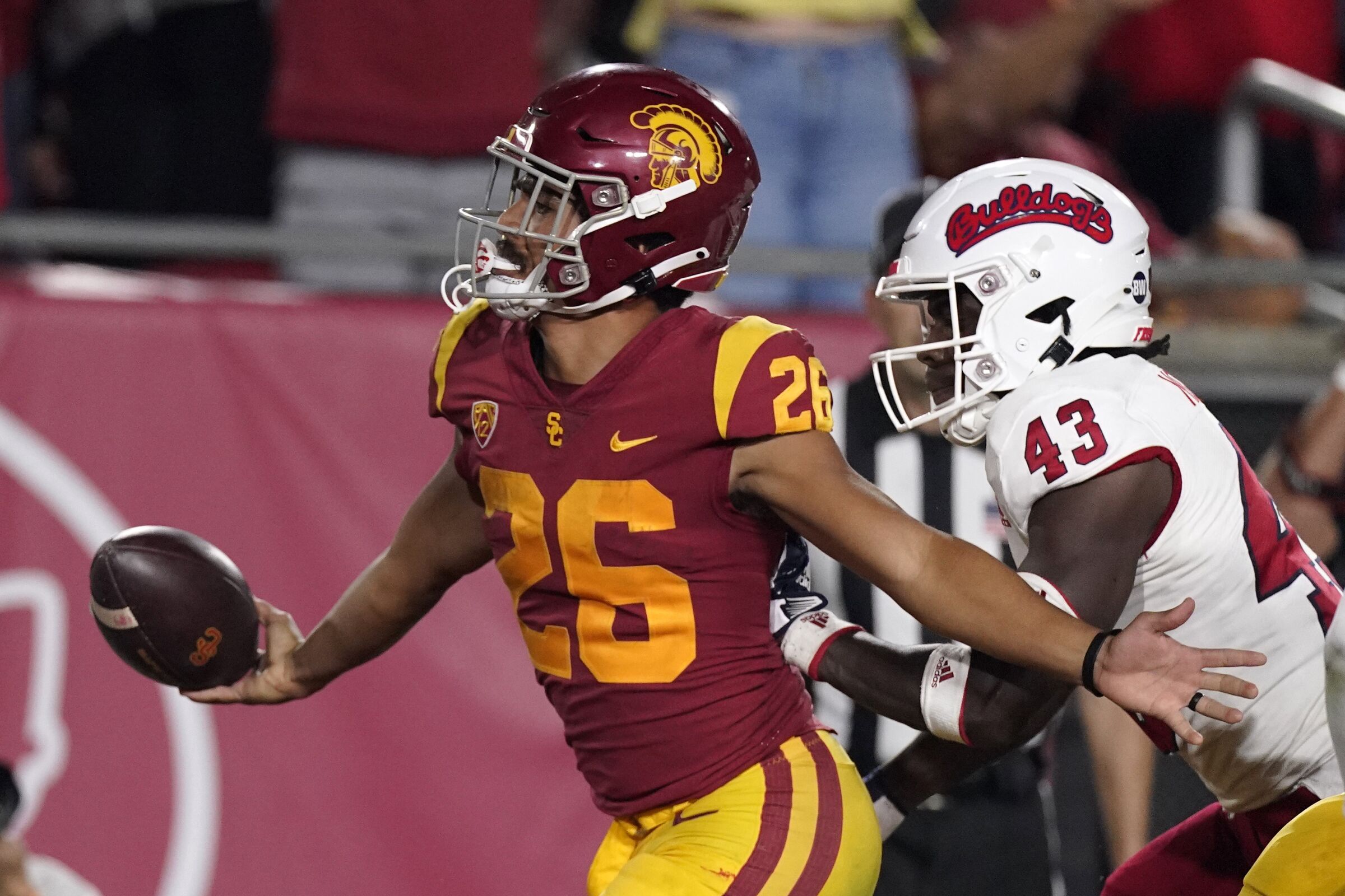 USC running back Travis Dye scores a touchdown during a win over Fresno State on Sept. 17.