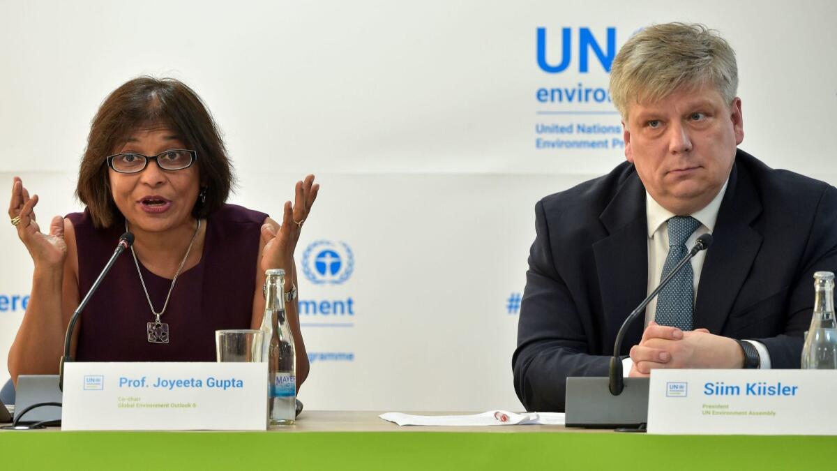 Global Environment Outlook (GEO) co-chair Joyeeta Gupta (L), sits next to Estonia's Environment Minister and President of the UN Environment Assembly Siim-Valmar Kiisler, speaks during a press conference after the opening plenary session of the 4th UN Environment Assembly at the UN headquarters in Nairobi, on March 13, 2019. (Photo by SIMON MAINA / AFP)SIMON MAINA/AFP/Getty Images ** OUTS - ELSENT, FPG, CM - OUTS * NM, PH, VA if sourced by CT, LA or MoD **