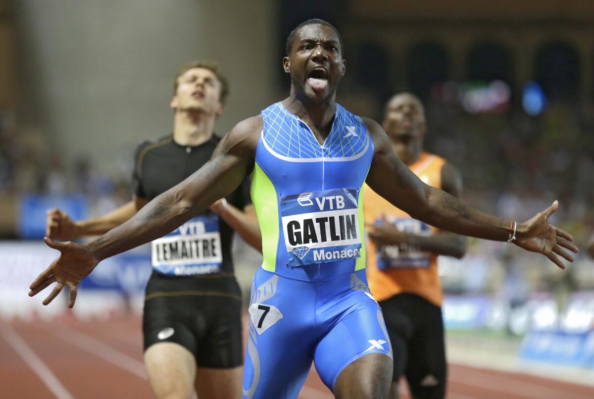 Justin Gatlin wins the men's 200-meter event at the Herculis International Athletics Meet in Monaco in July.