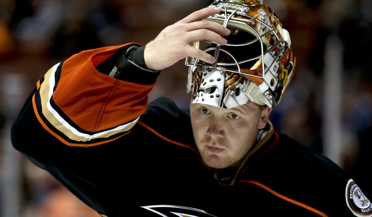 Ducks goalie Frederik Andersen gets set for a preseason game against the Avalance on Monday at the Honda Center.