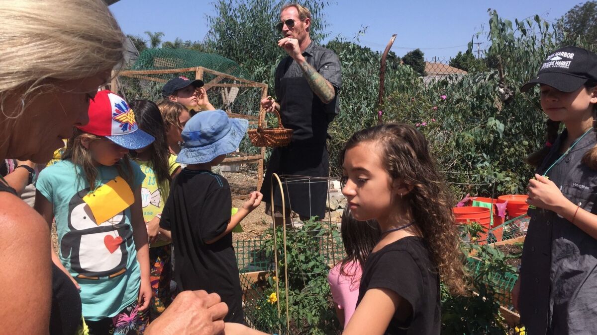 Chef Davin Waite of Oceanside, background center, teaches children about the value of sustainable gardening at the Willow Tree Center's kids camp in Vista on Wednesday.
