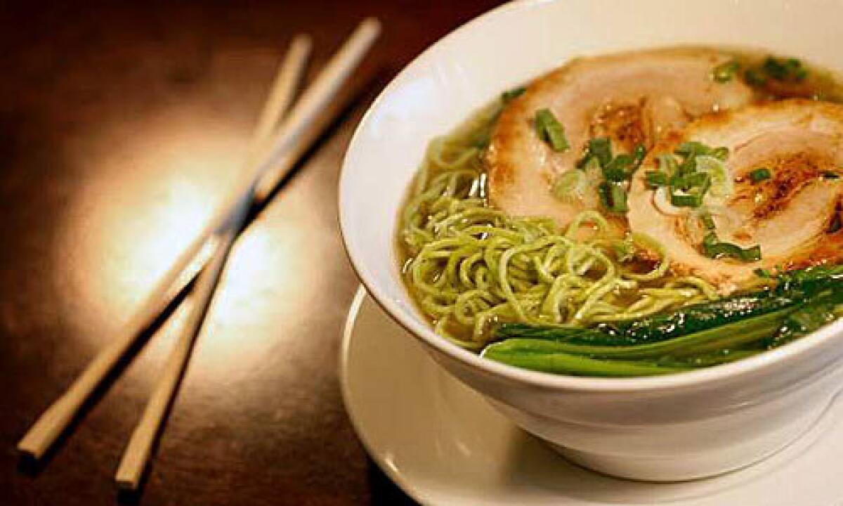 Green tea slice pork noodles cost $6.50 at Bamboodles in San Gabriel.