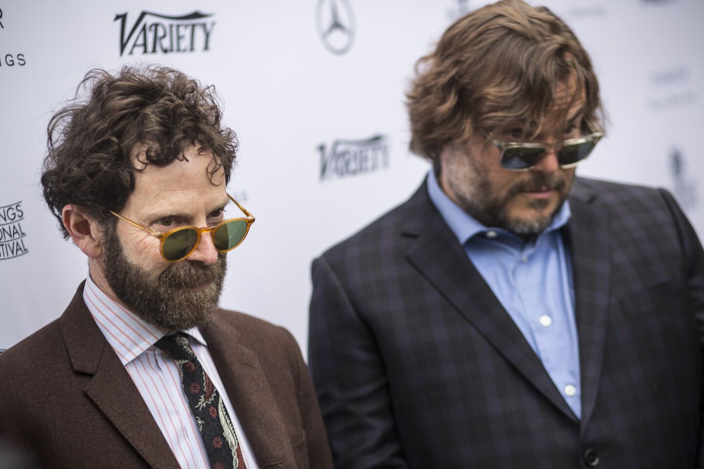 PALM SPRINGS, CA--JANUARY 03, 2016-- Director Charlie Kaugman, left and Actor Jack Black are photographed before the start of the Variety magazine luncheon, at the 2016 Palm Springs International Film Festival, held at at the Parker Palm Springs hotel, in Palm Springs, CA, Jan. 03, 2016. Black presented Kaufman with the Variety Creative Impact in Directing Award presented by Mercedes-Benz. (Jay L. Clendenin / Los Angeles Times)