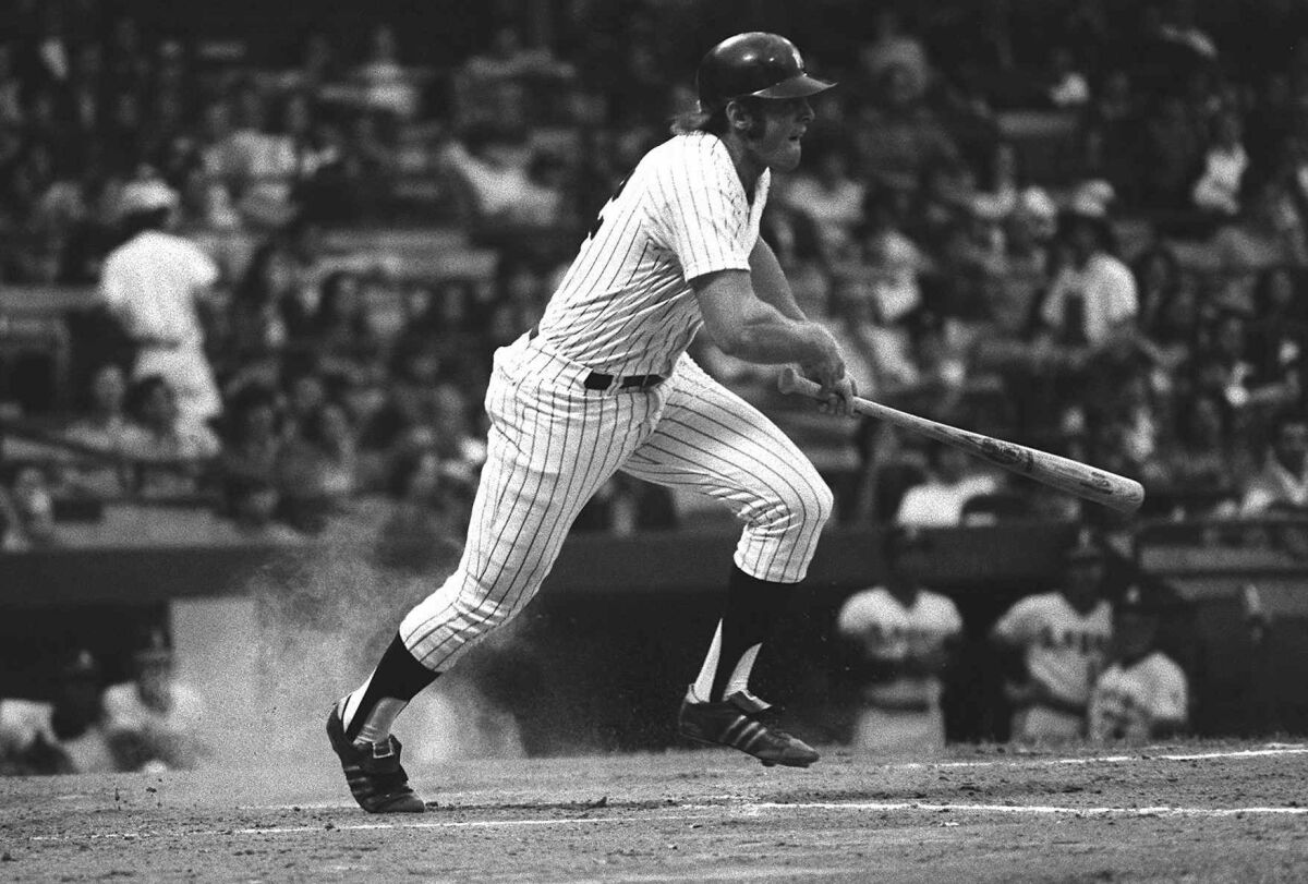 New York Yankees designated hitter Ron Blomberg hits against the California Angels.