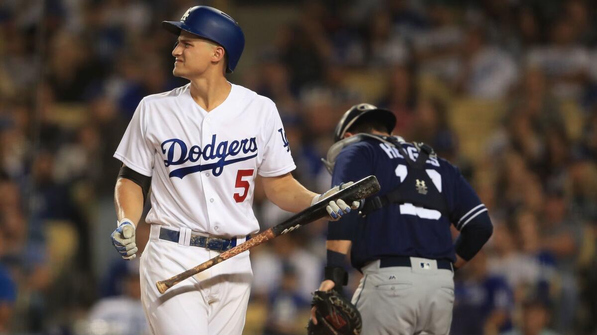 Corey Seager reacts after striking out against San Diego on Sept. 27.