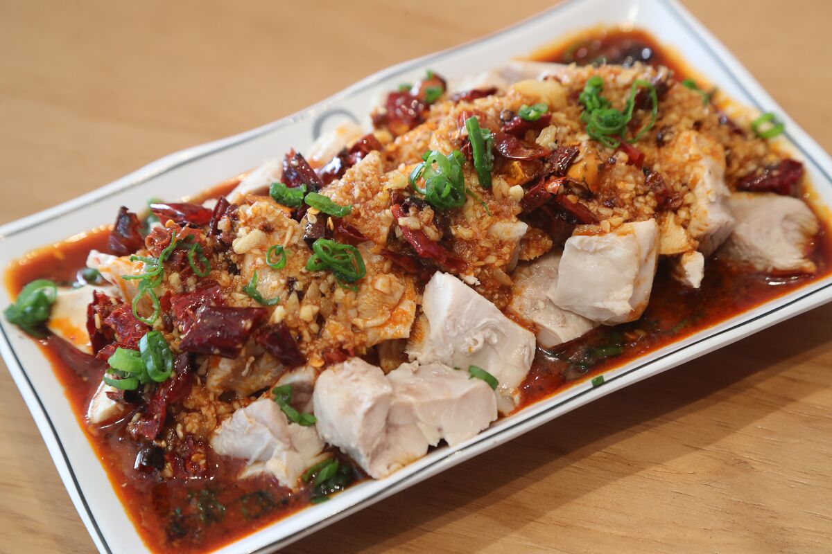 Chicken with chili sauce from Little Pan Gourmet Juicy Pan Fried Buns in Santa Ana.