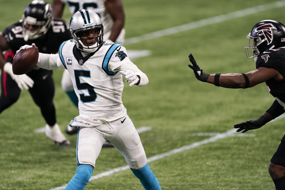 Carolina Panthers quarterback Teddy Bridgewater passes against the Atlanta Falcons.
