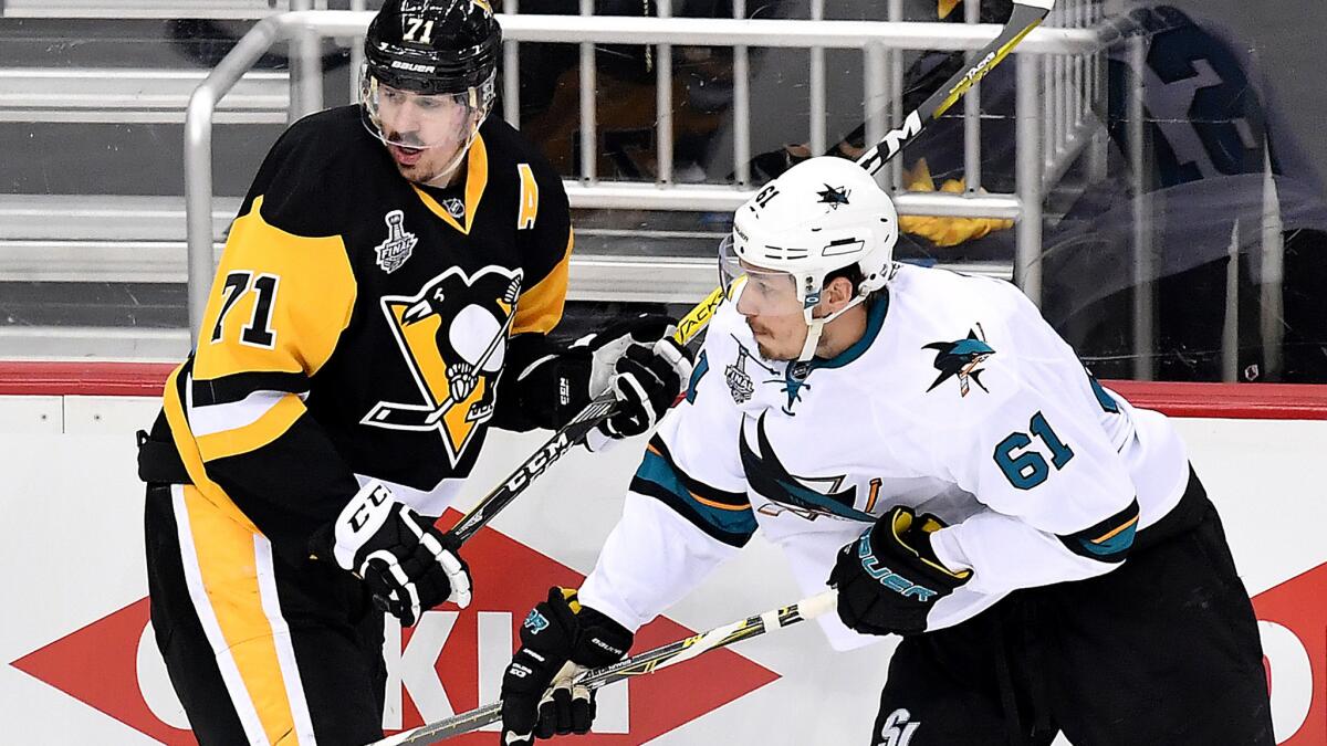 Evgeny Malkin (71) and the Penguins get a second chance to win the Stanley Cup, but Justin Braun (61) and the Sharks will be trying to force a Game 7.