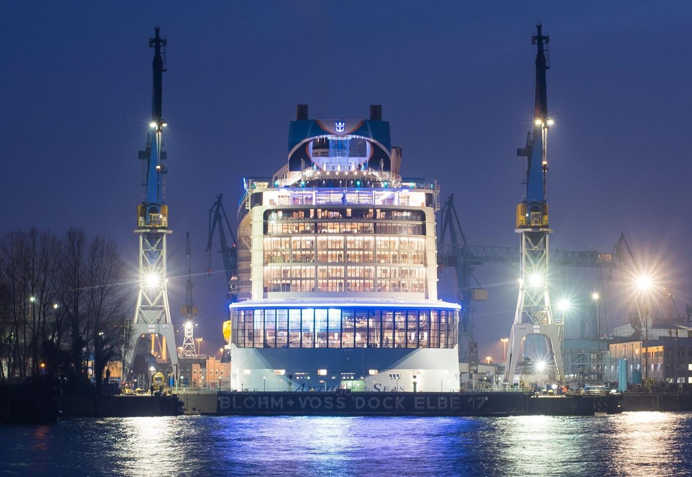 Anthem of the Seas awaits final checks prior to entry at the Blohm + Voss dock in Hamburg, Germany. It was built by German company Meyer Werft.