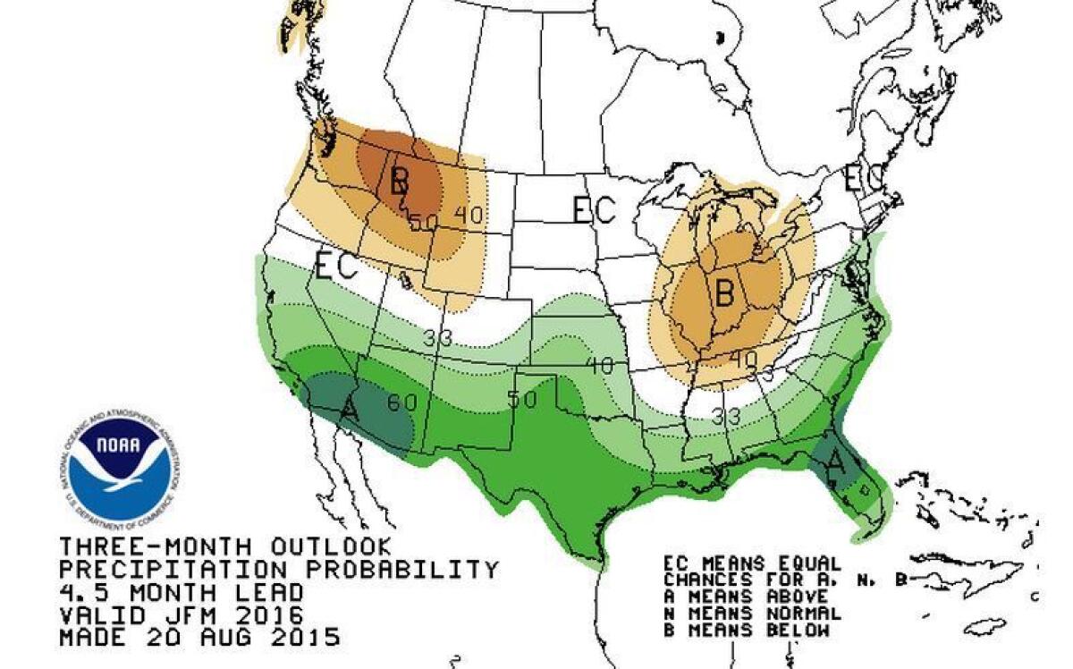There is an increased chance of rain and snow in January, February and March 2016 in much of California and the southern United States, as shown in green.