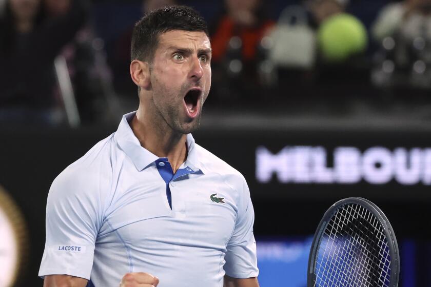 Novak Djokovic of Serbia reacts during his fourth round match against Adrian Mannarino.