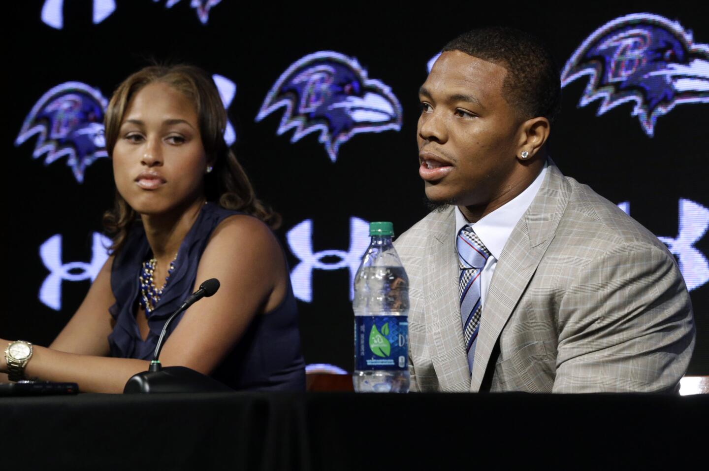 Ex-Ravens running back Ray Rice, shown in May with his wife Janay, was suspended indefinitely after video of Rice knocking out his then-fiance in an elevator became public. Rice's suspension was vacated after a successful appeal, the Associated Press reported.
