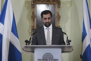 Scotland's First Minister Humza Yousaf pauses as he speaks during a press conference at Bute House, his official residence in Edinburgh, Monday April 29, 2024. Scotland’s first minister, Humza Yousaf, has resigned rather than face a no-confidence vote just days after he torpedoed a coalition with the Green Party by ditching a target for fighting climate change. (Andrew Milligan/PA via AP)