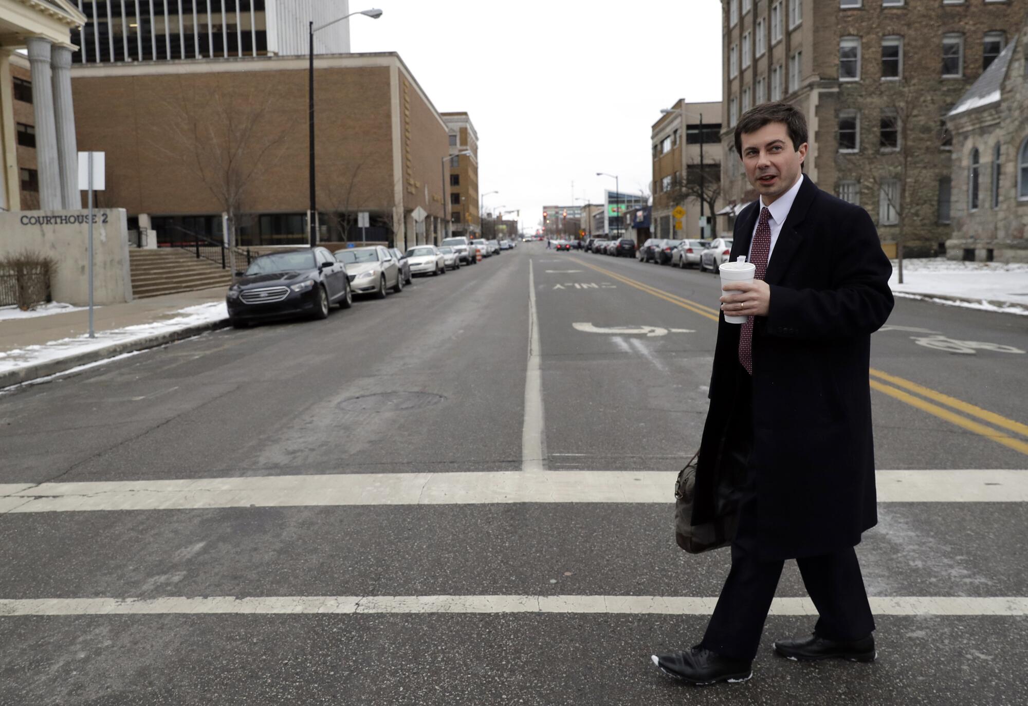 Then-Mayor Pete Buttigieg in downtown South Bend, Ind., in January 2019.  