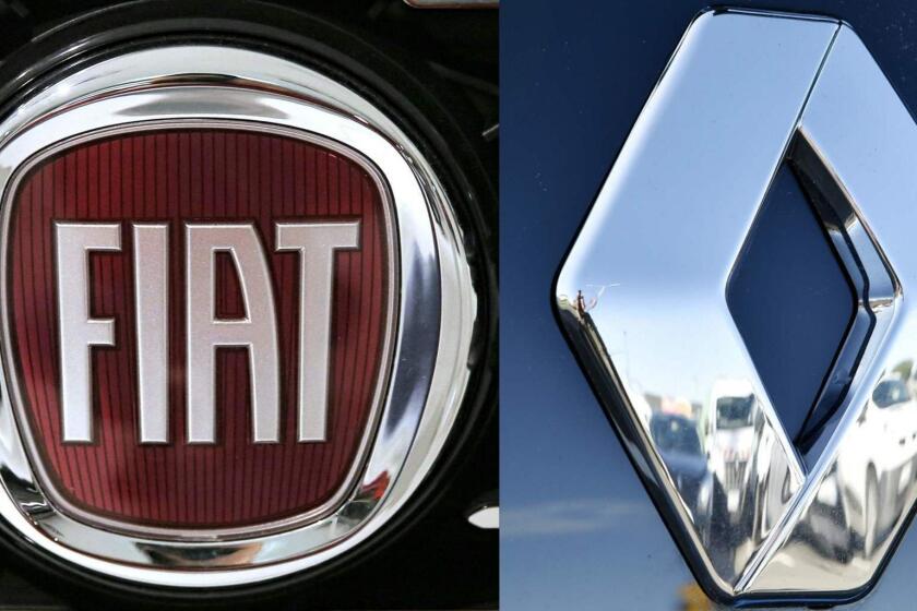 (COMBO/FILES) This combination of file pictures created on May 26, 2019 shows the logo of Italian auto maker Fiat (L) (FCA) on January 12, 2017 in Saluzzo, near Turin. And the logo of carmaker Renault in Saint-Herblain, western France, on January 15, 2016. - French carmaker Renault on June 4, 2019 said it was studying "with interest" an offer for a merger with Fiat Chrysler (FCA) after a crunch management meeting but added its board would meet again for further deliberations. The board of Renault had been expected to decide June 4, to begin merger talks with Fiat Chrysler that could create a new global giant spanning the United States, Europe and Japan. After the meeting, Renault confirmed its interest but said that another meeting would be held on June 5, 2019. (Photos by MARCO BERTORELLO and LOIC VENANCE / AFP)MARCO BERTORELLO,LOIC VENANCE/AFP/Getty Images ** OUTS - ELSENT, FPG, CM - OUTS * NM, PH, VA if sourced by CT, LA or MoD **