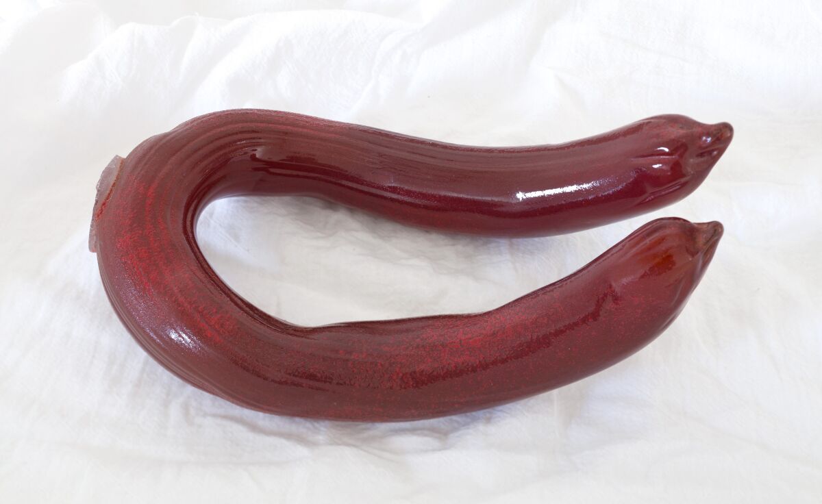 "Untitled (Sausage)" by Miyoshi Barosh, 2015. Glass, 11 inches by 6.5 inches by 4.25 inches
