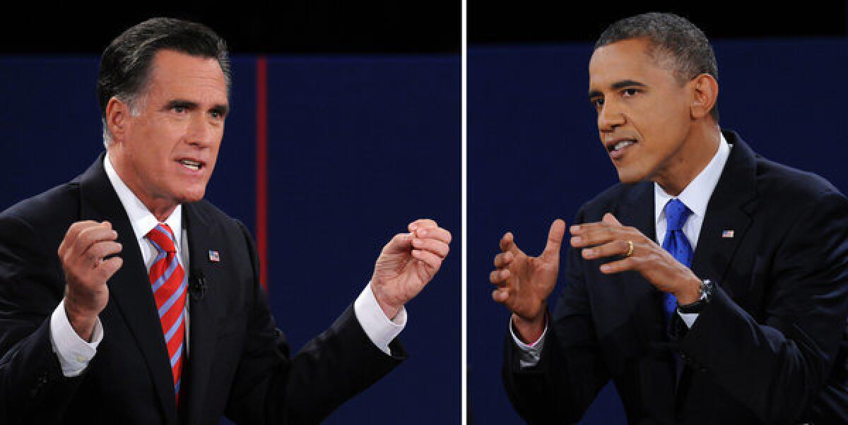 President Barack Obama, right, and Republican presidential candidate Mitt Romney participate in the third and final presidential debate at Lynn University in Boca Raton, Fla.
