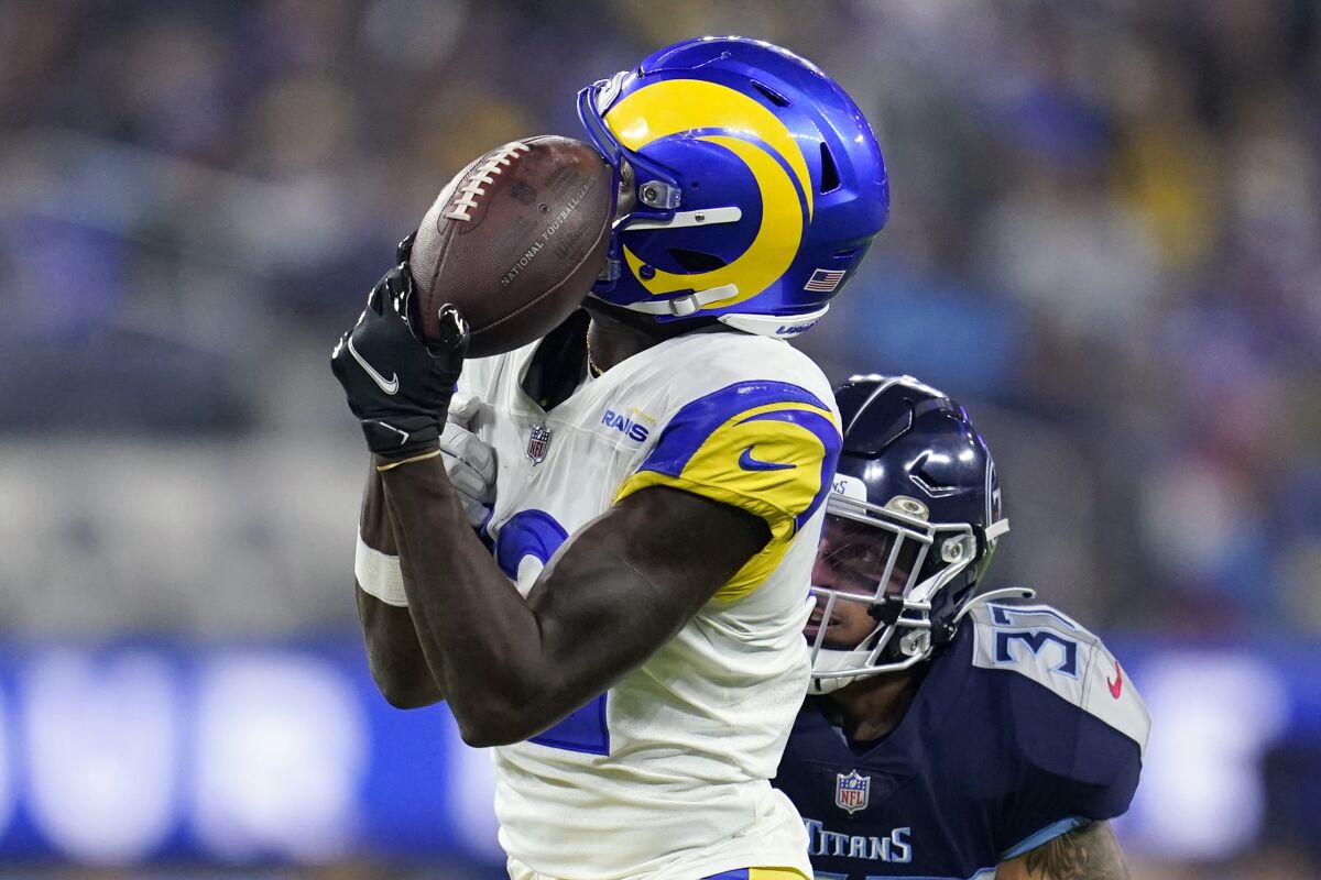 Los Angeles Rams wide receiver Van Jefferson can't make the catch as Tennessee Titans safety Amani Hooker defends during the second half of an NFL football game Sunday, Nov. 7, 2021, in Inglewood, Calif. (AP Photo/Marcio Jose Sanchez)