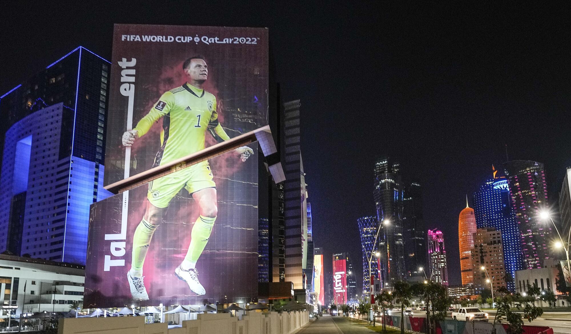 Germany star Manuel Neuer is featured on the side of a building in Doha, Qatar, ahead of the 2022 World Cup.