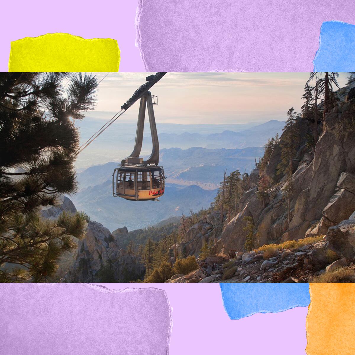 A car on a tramway rises above a mountain.