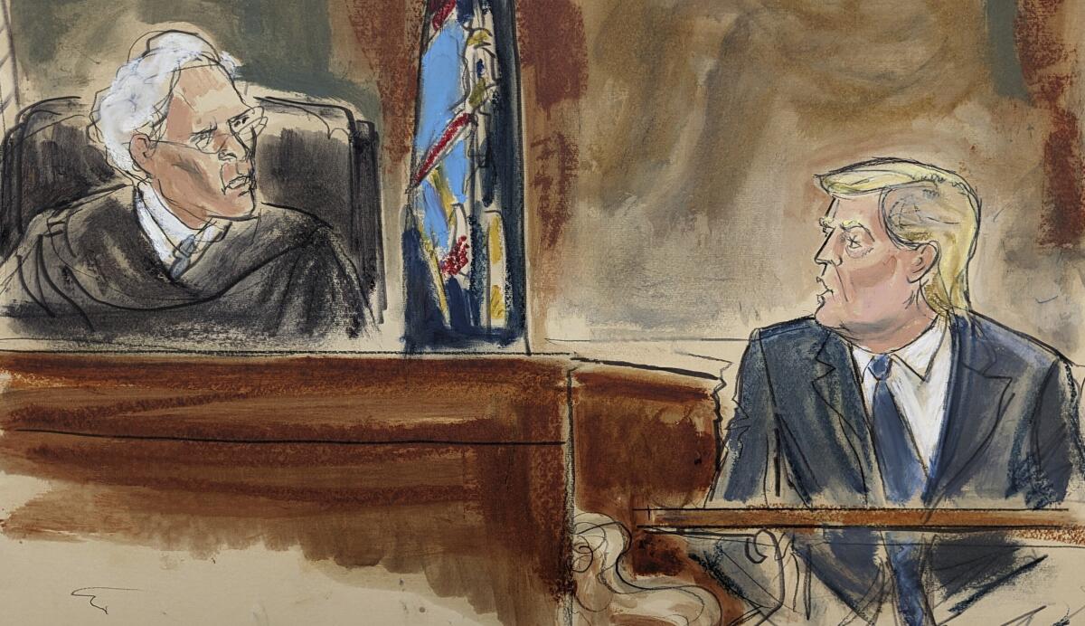 FILE - In this courtroom sketch, Judge Arthur Engoron questions former President Donald Trump on the witness stand in New York Supreme Court, Wednesday, Oct. 25, 2023, in New York. Within days, Trump could potentially have his sprawling real estate business empire ordered dissolved for repeated misrepresentations on financial statements to lenders, adding him to a short list of scam marketers, con artists and others who have been hit with the ultimate punishment for violating New Yorks powerful anti-fraud law. (Elizabeth Williams via AP, File)