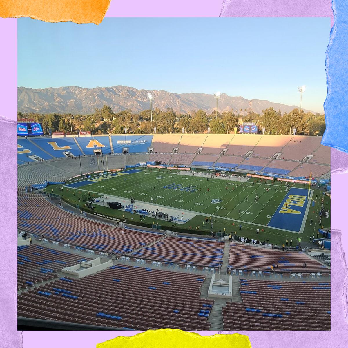 A view from above of the empty Rose Bowl football stadium.