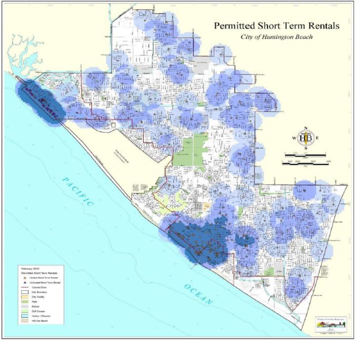 A map of permitted short-term rentals in the city of Huntington Beach.