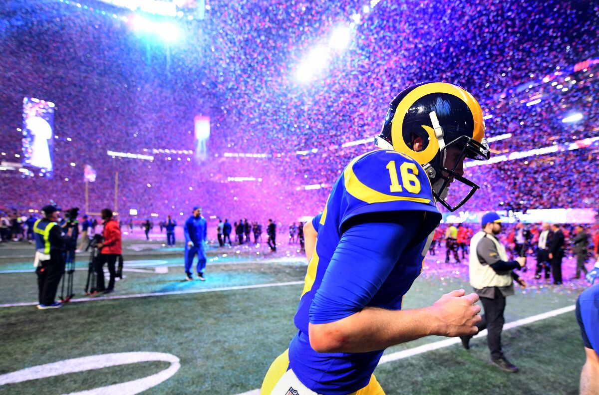 Rams quarterback Jared Goff jogs off the field after losing to the Patriots in Super Bowl LIII.