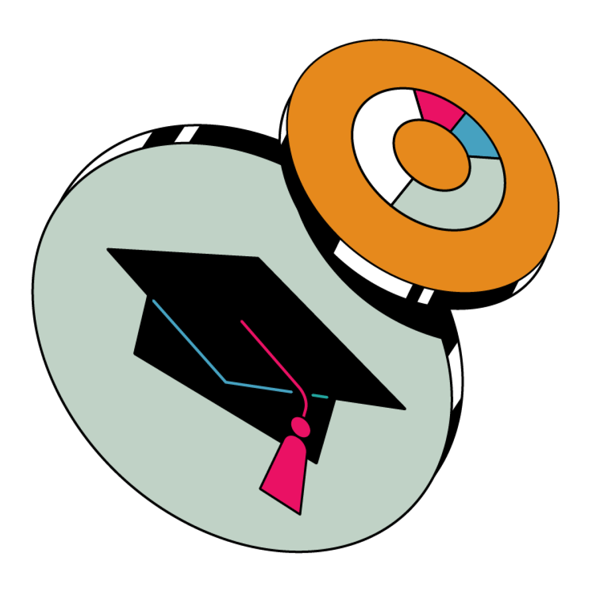 Ilustración de una gorra de graduación y un gráfico circular.