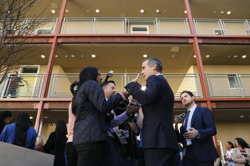 LOS ANGELES-CA-JANUARY 6, 2020: Mayor Eric Garcetti speaks to the press at the opening of the first Prop HHH-funded supportive housing project in South Los Angeles on Monday, January 6, 2020. (Christina House / Los Angeles Times)